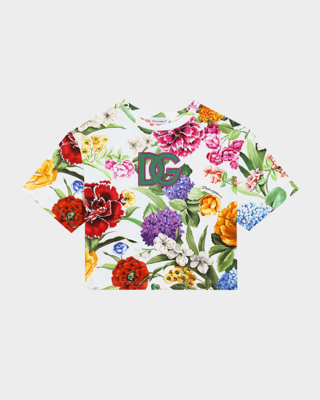 Girl's Floral Interlocked Logo-Print T-Shirt, Size 8-